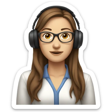 Caucasian female with long brown hair and glasses. Wearing computer headphones/headset. sticker