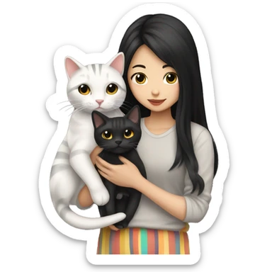 asian with long black hair girl holding cat striped color sticker