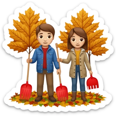 a couple man and woman both brown hair light skin racking leafs sticker