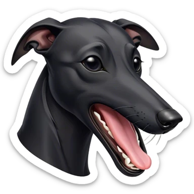 Cinematic Cute Yawning Black Greyhound Portrait Emoji, Head tilted slightly with a dramatic, wide-open yawn, showcasing a sleek black Fur with a polished finish, floppy ears slightly drooping, round dark eyes barely open in drowsy contentment, Simplified yet irresistibly adorable features, highly detailed, glowing with a soft, cozy glow, high shine, relaxed yet expressive, stylized with a touch of whimsy, bright and endearing, soft glowing outline, capturing the essence of a sleepy yet affectionate racer, so drowsy it feels like it could stretch out of the screen and curl up for a nap! sticker