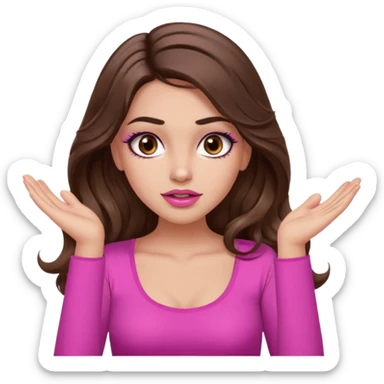 girl with long wavy brown hair, brown eyes, long lashes makeup, sexy pink lips, light to medium complexion, pink sexy top, two hands up, shrugging, confused sticker