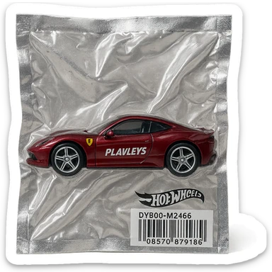 burgundy Ferrari Hot Wheels car with 'PLAVLEYS' text on the side, glossy, vacuum-sealed style sticker