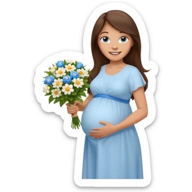Create a cute emoji-style illustration of a young brunette woman with long brown hair, blue eyes, and a happy smile. She is pregnant, shown with a visible baby bump, wearing a simple white dress and holding a small bouquet of flowers. She looks excited and joyful, as if she's about to marry soon. sticker