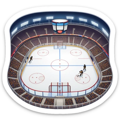 Please, make An icon featuring The background shows a packed stadium with cheering fans, bright arena lights, and an icy rink and close-up shots of key hockey equipment: a hockey stick, puck, and skates. Transparent background highlights the essentials of the game and the thrill of the sport. sticker