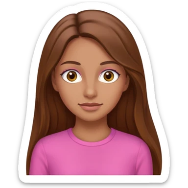Tan skinned woman with long brown hair, hazel colored eyes, and wearing a pink outfit. sticker