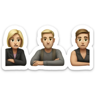 6 Caucasian people sitting at a table looking unhappy sticker