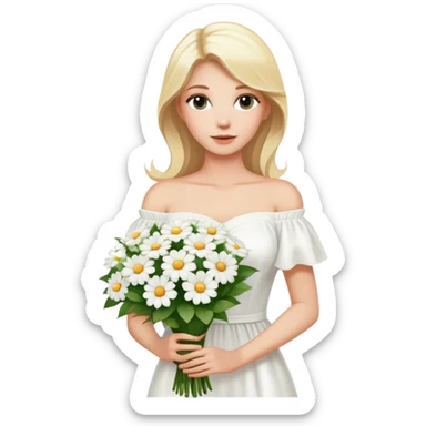 blonde woman in a white off-shoulder dress with a bouquet of white flowers in a white bag in her right hand sticker