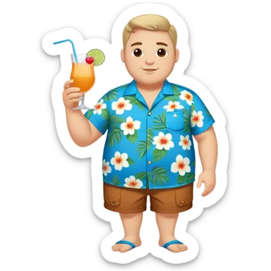 chubby guy full figure in a flowered azure havai shirt, brown shorts and flippers holding a cocktail sticker