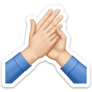 Close-up of a handshake gesture, both hands wearing blue shirt sleeves sticker