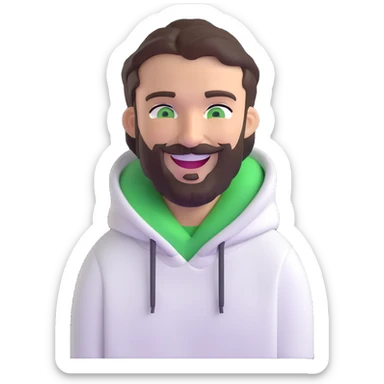 laughing guy with white hoodie, green eyes, dark brown hair and a short full beard sticker