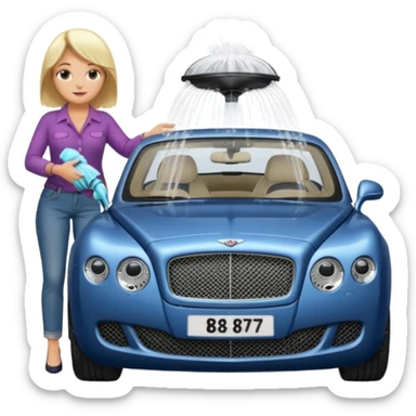 A fatter old blond lady in blue jeans washing a black Bentley car. show the full car and the lady next to it. show the face smaller and the person standing beside it sticker