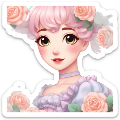 Gorgeous pastel anime style lady with blushing face and roses cottagecore fairycore pastelcore shiny colorful pearly aesthetic trending style sticker