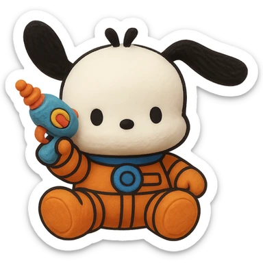 Make Pochacco hold a cute toy gun, keep him white with black ears, orange and blue space suit, plushy Popmart doll style, playful and adorable, no background sticker