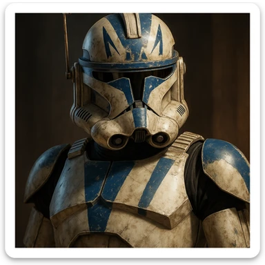 Captain Rex from Star Wars, detailed helmet, blue markings, clone trooper armor, heroic pose, iconic look sticker