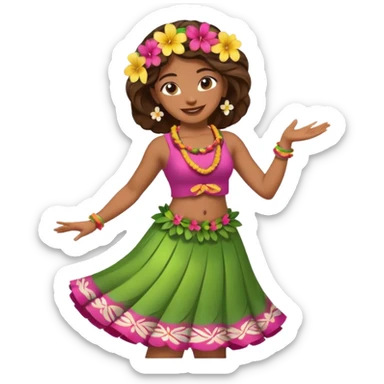 Hawaiian hula dancer with a flower in her hair, mid-dance, smiling, classic emoji style sticker