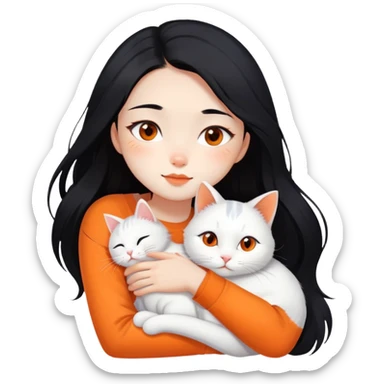 East Asian girl with long flowing black hair hugging a predominantly white cat with orange patches, sweet and gentle, cute facial expressions sticker
