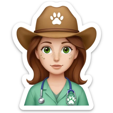 Pale Woman with brown hair and green eyes and freckles on her cheek bones wearing scrubs that have a paw print logo on only the scrubs  and a cow girl hat sticker