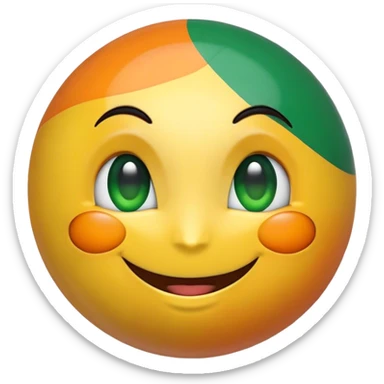 "A 2D-rendered, glossy, spherical emoji with a cheerful smiling face. The sphere is painted with the colors of the Indian flag—saffron on top, white in the middle, and green at the bottom. The emoji has large, shiny green eyes with black pupils, reflecting light for a cute and friendly expression. The background is plain white, making the vibrant colors and glossy texture of the sphere stand out. The overall style is smooth and cartoon-like, with a polished and modern look." sticker