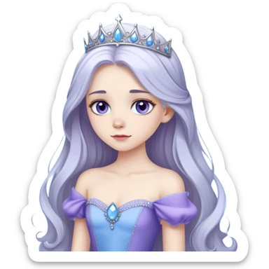 long haired girl with silver hair color and pale skin, she has a sky blue eye color and she's wearing a purple princess gown sticker