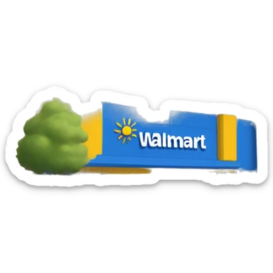 “Exterior of a Walmart store with the sunburst logo above the entrance, blue facade with yellow accents, large sliding glass doors, and shopping carts lined up outside, capturing the look of a busy retail supercenter.” sticker