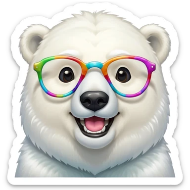 laughing polar bear headshot wearing large multicolored extravagant glasses sticker