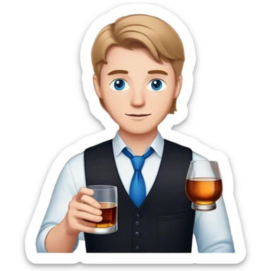 white guy light brown hair blue eyes wearing black holding whiskey sticker