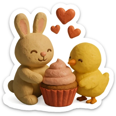 bunny and chick sharing cupcake with hearts floating, matte plasticine claymation style with visible fingerprints and pastel colors sticker