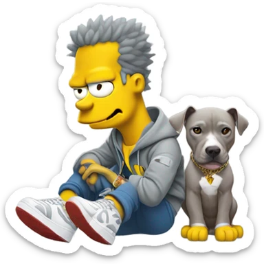 Bart Simpson wearing a gray Nike set with Jordan 4 and a pit bull sitting on the left of him sticker