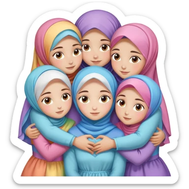 Four sister hugs Turkish girls beautiful finish Konya brown and blue eyes with rainbow pastel hijab and heart dress and hugs  sticker