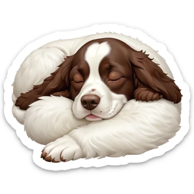 Meme-Worthy Cute Sleeping Springer Spaniel Portrait Emoji, Head resting peacefully with a contented smile, showcasing a delightfully agile build and a luxuriously soft liver and white Fur, eyes shut in a serene nap, Simplified yet hilariously adorable features, highly detailed, glowing with a soft, drowsy light, high shine, relaxed and utterly lovable, stylized with an air of playful laziness, bright and heartwarming, soft glowing outline, capturing the essence of a comically sleepy companion, so meme-worthy it feels like it could instantly become the next viral sensation of adorable slumber! sticker