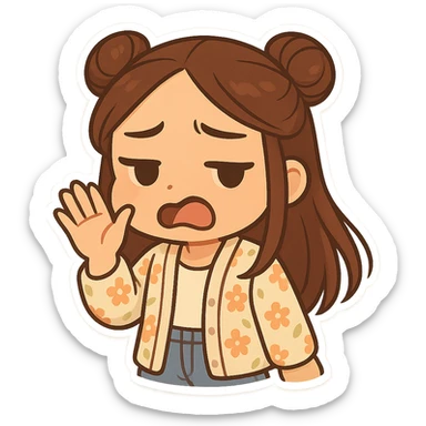 Create a chibi sticker of the girl from the reference image. She has brown straight hair in double buns, brown eyes, wearing a pastel floral cardigan and jeans. She is fanning her face with her hand and making a 'yuck' face. The sticker should have a white outline and transparent background, 512x512px. sticker