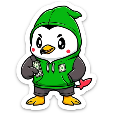 A cute half-dolphin half-penguin thug character with a gun, wearing a blood-splattered green hoodie and Dollar General shorts sticker