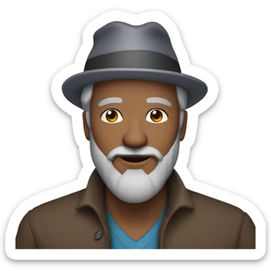 Medium skinned man with gray hair and beard and brown eyes wearing a birthday party hat sticker