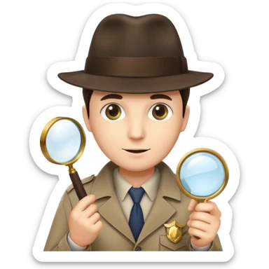 a detective with a hat, a magnifying glass and a badge sticker