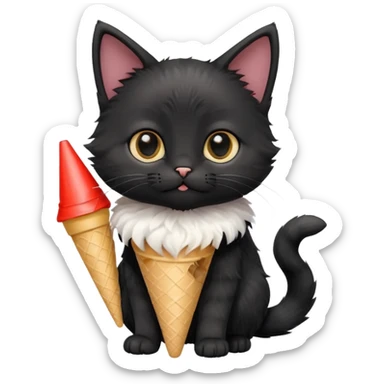 A mostly black kitten with a white chest and a plastic cone on sticker