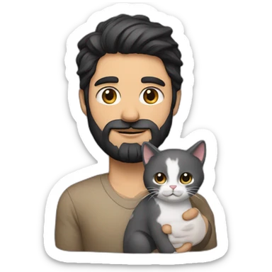 a dark hair dark beard guy with a little cat in its arms sticker