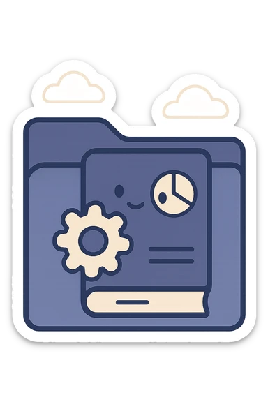 Add the book icon with gear and chart to the front of the blue folder icon, leaving some room around the borders. The book should be centered, clearly visible, and in a flat, modern style with a fully transparent background. Prioritize clarity and recognizability. sticker