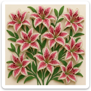 french beaded stargazer lilies, twelve flowers, vibrant pink and white, intricate beading, green stems and leaves, arranged artistically, close-up, realistic sticker