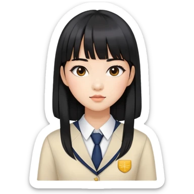 stylish woman with Asian skin, school uniform, long straight black hair with bangs, and soft makeup sticker