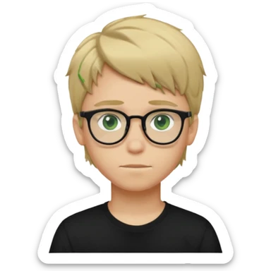 Generate me a profile picture like with a teenage boy who has dirty blond hair, green eyes, glasses and a black t-shirt sticker