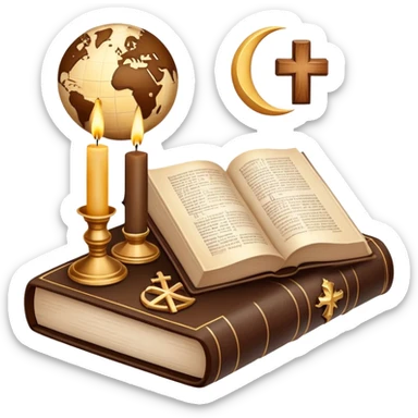 An icon featuring a holy book, a candle, and a cross, symbolizing religious studies. The design includes a globe with various religious symbols like a crescent moon and a star, representing the diversity of beliefs. Transparent background highlights the exploration of world religions sticker