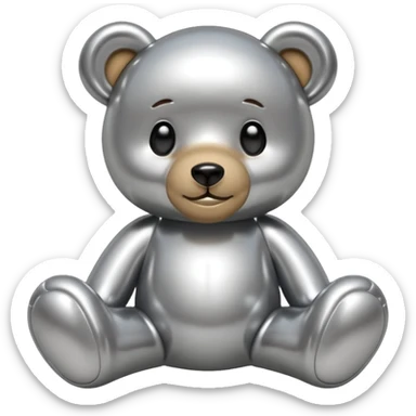 A cute teddy bear emoji made of liquid silver chrome, smooth rounded body, glossy metallic surface, soft reflections, friendly proportions, iOS emoji style, centered, clean white background sticker