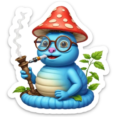 blue caterpillar with round glasses smoking a hooka pipe on top of a mushroom sticker