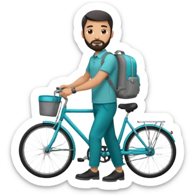 a man with a grey backpack and a torquoise byciycl and he has black shot=rt man hair and a beard with a polo grey shirt and dress pants sticker