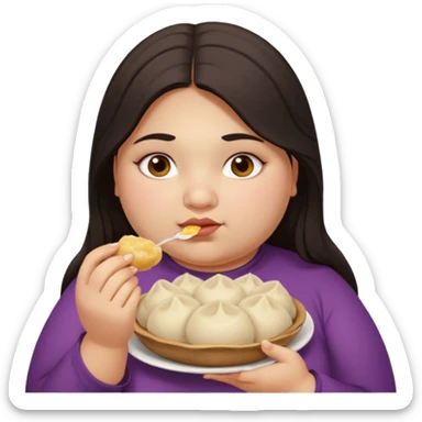 Can you create an emoji of a half Indian - half white 23 year old girl with dark brown mid length hair and brown eyes who is super obese and eating a dumpling sticker