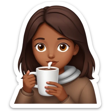girl with brown dark hair and brown dark eyes drinking a hot chocolate sticker