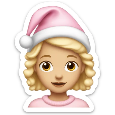 a cute little girl with blond hair and a light pink christmas hat  sticker