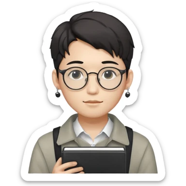 korean male guy 20s wearing an apnotebook, wearing radio earrings, round glasses, achromatic clothes, and achromatic clothes. sticker