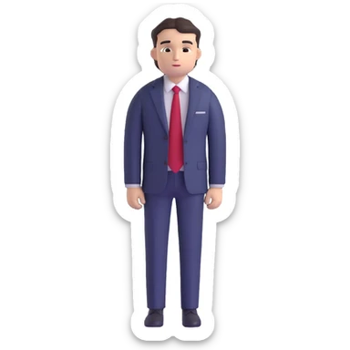 man wearing a dark blue-gray business suit with black horizontal stripes on the arms and legs, white shirt and red tie sticker