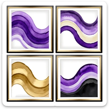 Black, white, gold, purple, abstract Watercolor paintings on three small canvases hanging next to each other  sticker